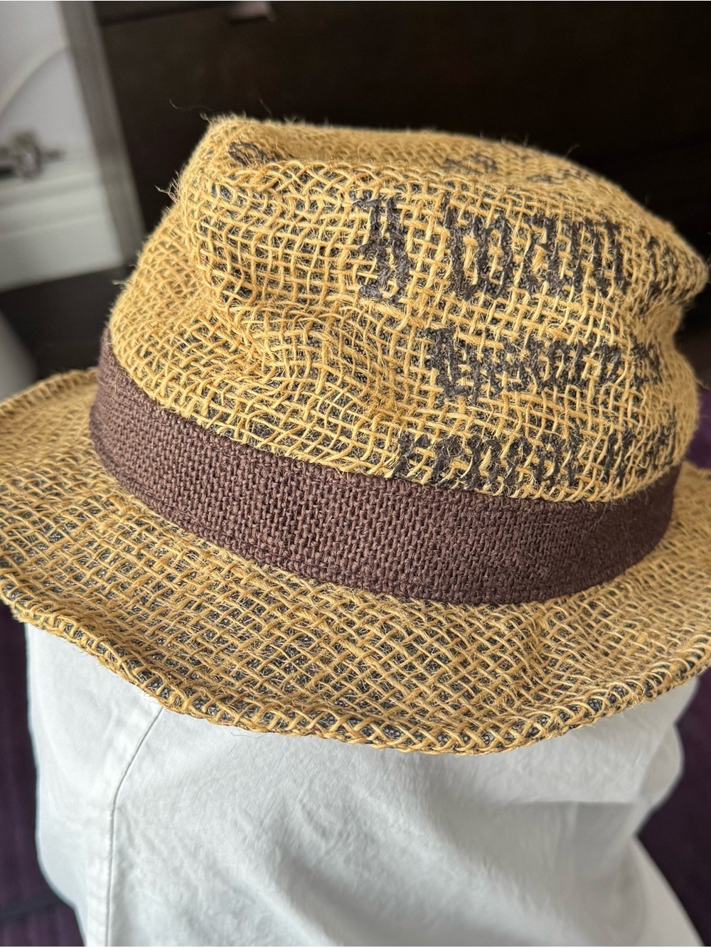 Men's Straw Fedora Bucket Hat with Brown Band and Stylish Graffiti